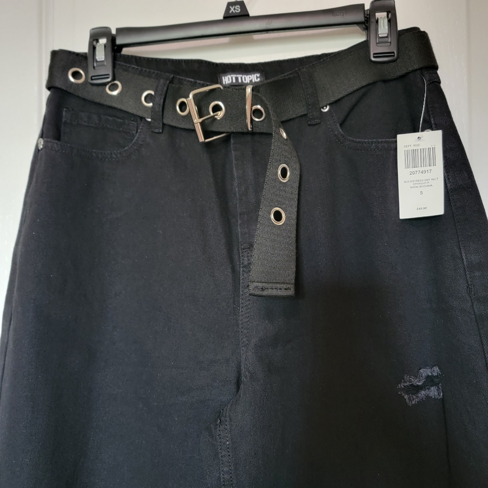 NWT Hot Topic, Teen Girls Black Distressed Denim Pants With Grommet Belt, Jr 5